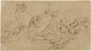 Battle of Nude Men (toll és barna tinta fekete krétával, négy szabálytalanul vágott darab kétféle buff papíron; lerakva és sarokdarabokkal kiegészítve) alkotó: Peter Paul Rubens