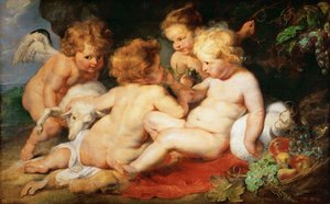 Krisztus és Keresztelő János gyermekként két angyallal - Pieter Paul Rubens (1577-1640). Olaj, fa, c. 1615-1620. Mérete: 76,5x122,3 cm. Művészettörténeti Múzeum, Vienne alkotó: Peter Paul Rubens