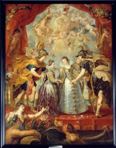 Franciaország és Spanyolország két hercegnőjének cseréje a Bidassoa folyón Hendaye-ben, 1615. 09. 11. Ausztriai Anna és XIII. Lajos házasságának allegorikus ábrázolása egyrészt Franciaország Izabella (1602-1644) és IV. Fülöp között a másikon alkotó: Peter Paul Rubens