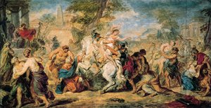 "A szabinok megerőszakolása" A nők hiányának pótlására Romulus és a rómaiak elrabolták szomszédjaikat, a szabinokat, akik megpróbálták erőszakkal visszaszerezni őket. A csata elkerülhető a szabinoknak köszönhetően, akik beavatkoznak a harcosok közé alkotó: Peter Paul Rubens