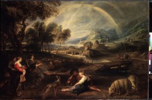 Táj a szivárvány. Peter Paul (Pierre-Paul) Rubens (vagy Peter Paul vagy Petrus Paulus) festménye (1577-1640). Olaj, vászon, 86 x 130 cm, 1630 eleje. Flamand művészet, barokk művészet. Ermitázs Múzeum, Szentpétervár. alkotó: Peter Paul Rubens