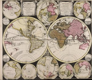 Diversa orbis Terrae visu incedente per coluros Tropicorum ambos ejus polos et particularis sphaerae zenit in planum orthographica projectio quibus additae pro variato horizonte omnium positiones eorumdemque mutua cum circulis caelestibus relatio  Plat O