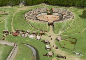 A nézők megérkeznek a Silchester római városi amfiteátrumba, c250 AD, c1990-2010