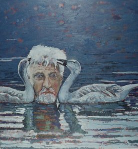 Conrad Lorenz gólyákkal, 2000 (olaj, vászon) alkotó: Peter Wilson
