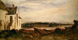 A folyóparti templomkertben ülő alak (akvarell papíron) alkotó: Peter de Wint