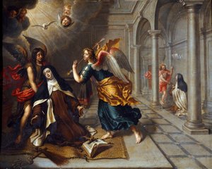 Avilai Szent Teréz (a gyermek Jézusé) (1515-1582) találkozik az angyallal, aki átüti arany nyílvesszőjének szívét Peter Van Lindt festménye (17. század) Dim. 85x70 cm Genes, Galleria di Palazzo Bianco