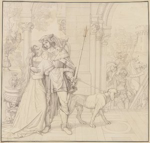 Hét rajz a Nibelungokról: 4. Szigfrid a vadászatra készült. 1812-17