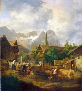 Reggel Partenkirchenben (Németország) – Peter von Hess (1792-1871) festménye, olaj, fa