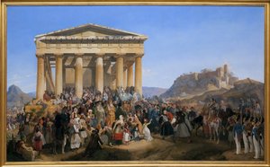 I. Oton görög király (1815-1876) bejárata Athénészbe, amelyet a tömeg fogadott Hephaistos (Hephaisteion) (Héphaisztosz) vagy Théión temploma előtt az Agorán (Görögország)