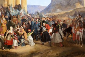 I. Oton görög király (1815-1876) bejárata Athénészbe, amelyet a tömeg fogadott Hephaistos (Hephaisteion) (Héphaisztosz) vagy Théión temploma előtt az Agorán (Görögország)
