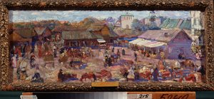 Piac Pszkovban (Oroszország). Pjotr ​​Ivanovics Petrovicsov (Pjotr ​​Petrovicsev) (1874-1947) munkája, olaj, karton alkotó: Petr Ivanovic Petrovichev