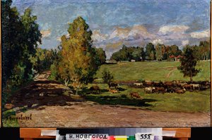 Pihenjen a réten. (Marhacsorda patak mellett, legelőn átkelve). Pjotr ​​Ivanovics Petrovicsov (Pjotr ​​Petrovicsev) (1874-1947) munkája, olaj, karton alkotó: Petr Ivanovic Petrovichev