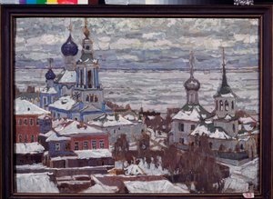 Rostov (Oroszország) télen. Pjotr ​​Ivanovics Petrovicsov (Pjotr ​​Petrovicsev) (1874-1947) alkotása gouache és tempera kartonon