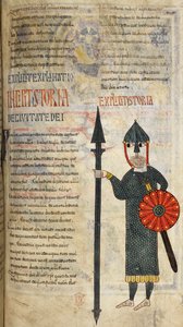 Egy vizigót katona térdig érő lánczsinórban és leggingsben, illusztráció a „Liébana Beatus”-ból alkotó: Petrus Petrus