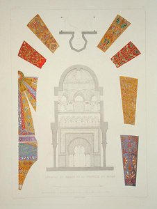 A Mirah-kápolna részletei és homlokzata, a "Souvenirs of Granada and of the Alhambra" című, Dumouza által metszett, 1836-37 körül kiadott kiadványból (színes litográfia). alkotó: Philibert Joseph (after) Girault de Prangey