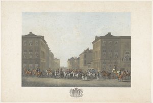 Zenekar I. Vilmos beiktatásán Brüsszelben, 1815. szeptember 21-én Tizenkét lemez I. Vilmos brüsszeli érkezéséről és beiktatásáról, valamint az 1815-ös Quatre-Bras-i és Waterloo-i csatákról (sorozat címe) alkotó: Philibert Louis Debucourt