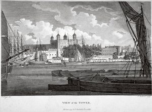Kilátás a Tower of Londonra hajókkal a Temzén, 1790