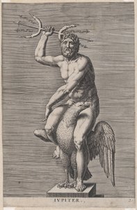 2. tábla: Jupiter, sason ülő meztelen isten szobra, kezében kettős háromágú, innen..., 1586.