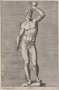 4. tábla: Apollón, meztelen isten szobra talpon álló, koronát viselő, kezében..., 1586.