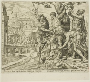 Az izraeliták megtalálják Achiort egy fához kötve, második lemez a Judith és Holofernes történetéből