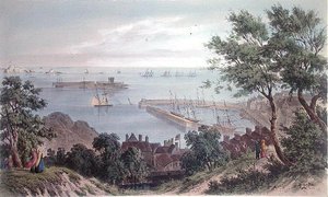 The Royal Squadron at Anchor, 1846. szeptember 2., Viktória királynő Jersey-i látogatásából, metszett H. Walter alkotó: Philip John (after) Ouless