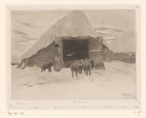 Pásztor egy birkanyájat egy istállóba vezet Grange dans la neige (eredeti cím)