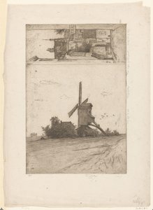 Szélmalom egy réti tájon és kilátással a brüsszeli Ravensteinstraatra Vieux moulin a Laeken / Rue Ravenstein (Bruxelles) (eredeti cím) alkotó: Philip Zilcken (signed by artist)