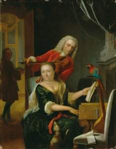 Egy belső térben zenélő úriember és felesége portréja (olaj, panel)