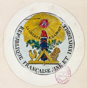 Francia forradalom: a pecsét a Köztársaság és a szabadipar szimbólumait díszíti. Philippe Auguste Hennequin (1762-1833) metszete 1792 Párizs. Carnavalet Múzeum