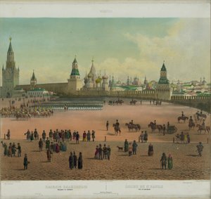 A moszkvai Vörös téren található Bazil-székesegyház Moszkva panorámájából 10 részletben, 1848 körül alkotó: Philippe Benoist