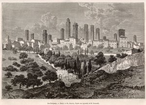 Kilátás San Gimignano-ra (Toszkána, Olaszország). Metszet Ph. Benoist rajza után, a toszkánai és umbriai utazás szemléltetésére, Francis Wey 1875-ben, megjelent a „” Le tour du monde”” 1876-ban, szerkesztette Edouard Charton, Hachette kiadás, Párizs. Selva