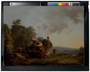 Travellers with hounds and heavily laden mules at a well alkotó: Philippe Jacques de Loutherbourg