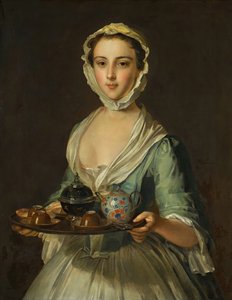 Egy fiatal nő teástálcával a kezében, valószínűleg Hannah, a művész szobalánya.