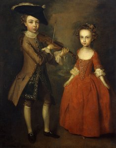 The Archbold Children: Egy kisfiú csoportos portréja, teljes alakban bézs kabátot, sötétkék arannyal hímzett mellényt és tricorn kalapot visel és hegedül, és nővére, egész alakos, piros ruhát visel, virággal a lányában Haj, Felkészülés alkotó: Philippe Mercier