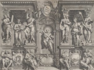 Allegorikus tézisnyomat különféle figurákkal, építészeti szerkezetben, 1608.
