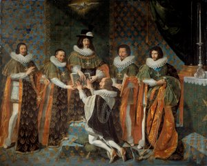 XIII. Lajos (1601-1643) fogadása II. Henrik Orléans-tól, Longueville és Estouville hercege, Neufchatel szuverén hercege (1595-1663) A Szentlélek Lovag lovagja 1633.05.15 XIII. Lajost Claude Bartillier veszi körül. , nagypénztárnok a t alkotó: Philippe de Champaigne