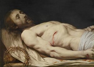 A halott Krisztus lefeküdt a lepelre a test közepétől a felső részig, 1654 előtt olajfára