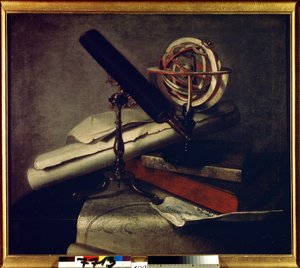 Csillagászati ​​műszerek. (Csillagászati ​​eszközök). Csendélet csillagászati ​​távcsővel (teleszkóp), égi földgömb és égbolt térképpel. Philippe de La Hyre (1640-1718) festménye. Francia művészet, barokk stílus. Olajfestmény. Carskoje Selo Múzeum, Szent P alkotó: Philippe de la Hire
