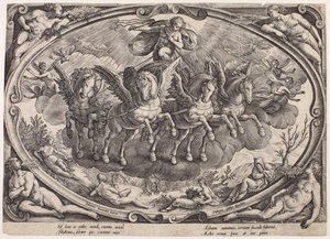 Apollón (Sol) a napkocsival (A négy évszak a nappal, címlap) alkotó: Philips Galle
