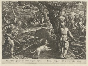 Berenjacht Jachttaferelen (sorozat címe) Amelyben mindenféle vadászat, madártartás és horgászat (sorozat címe) alkotó: Philips Galle