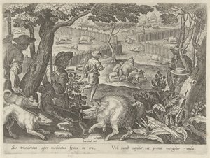 Drijfjacht op zwijnen Jachttaferelen (sorozat címe) Amelyben mindenféle vadászat, madártartás és horgászat (sorozat címe) alkotó: Philips Galle
