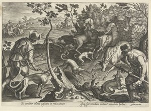 Hertenjacht met vallen Jachttaferelen (sorozat címe) Amelyben mindenféle vadászat, madártartás és horgászat (sorozat címe) alkotó: Philips Galle