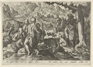 Jacht op berggeiten Jachttaferelen (sorozat címe) Amelyben mindenféle vadászat, madártartás és horgászat (sorozat címe) alkotó: Philips Galle