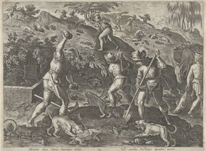 Jacht op dassen Jachttaferelen (sorozat címe) Amelyben mindenféle vadászat, madártartás és horgászat (sorozat címe) alkotó: Philips Galle