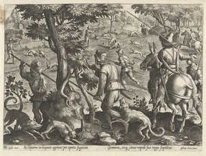 Jacht op hazen Jachttaferelen (sorozat címe) Amelyben mindenféle vadászat, madártartás és horgászat (sorozat címe) alkotó: Philips Galle