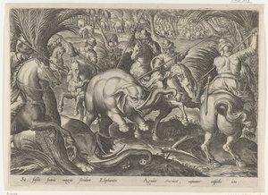 Jacht op olifante Jachttaferelen (sorozat címe) Amelyben mindenféle vadászat, madártartás és horgászat (sorozat címe) alkotó: Philips Galle
