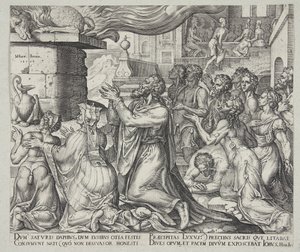 Jób áldozva gyermekei bűneiért alkotó: Philips Galle