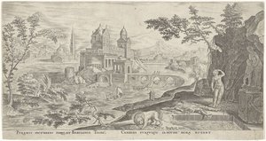 Táj Thisbe öngyilkosságával alkotó: Philips Galle