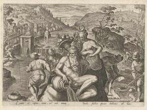 Nachtelijk vissen met een hengel Jachttaferelen (sorozat címe) Amelyben mindenféle vadászat, madártartás és horgászat (sorozat címe) alkotó: Philips Galle