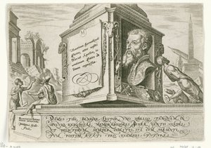 Maarten van Heemskerck portréja egy oszlop talapzatán The Days of Doom of the Jewish People (sorozat címe) alkotó: Philips Galle